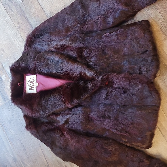 Vintage Niki Short Dyed Rabbit Fur Coat, Oxblood Beet Red Burgundy, Small - Picture 1 of 16
